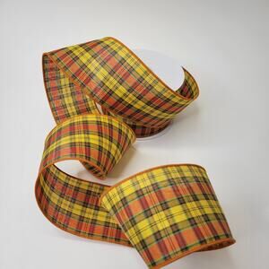 Yellow, orange, green, black Two Sided Plaid Wired Ribbon, 10 yards